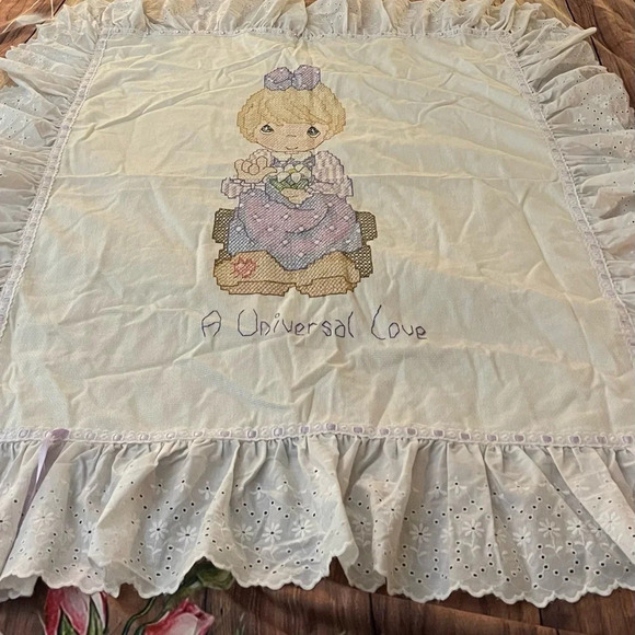 Other - Vintage Precious Moments Handmade Cross stitched Baby Blanket w/ Eyelet Ruffle